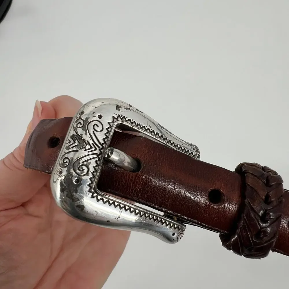 Vtg Y2k Brighton Whip Stitch Belt Women M 32 Dark Brown Leather Silver Buckle